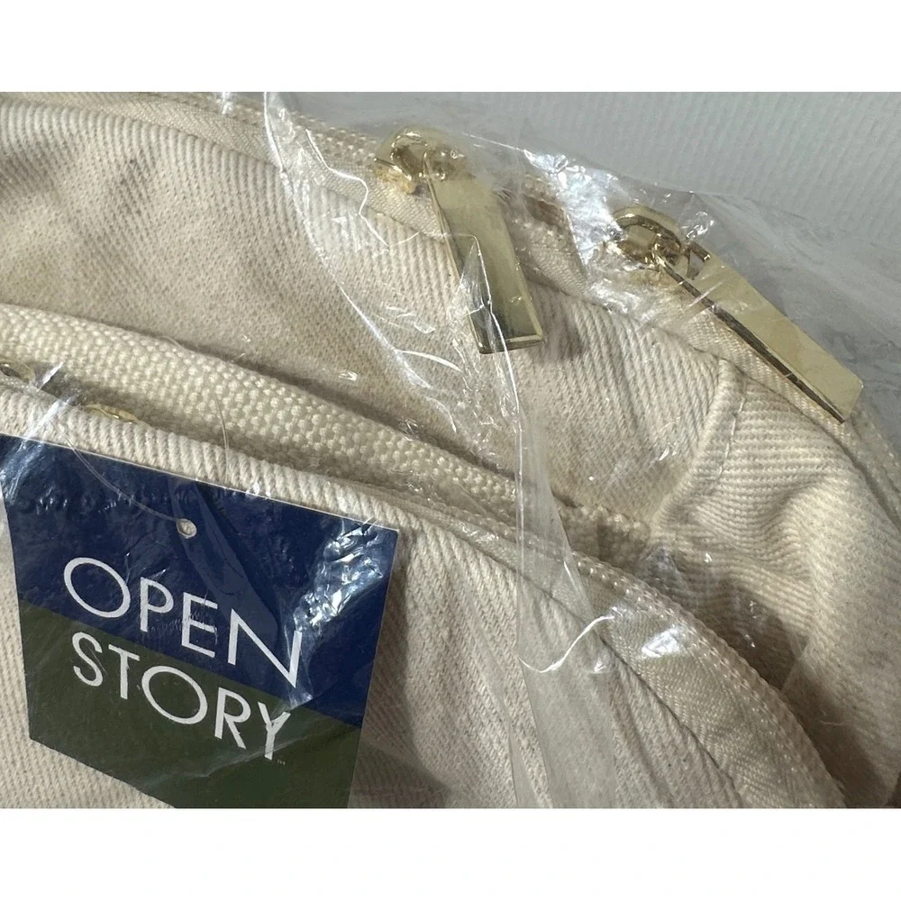 Open Story Canvas Backpack Beige Clear Front Pocket Adjustable‎ Straps New